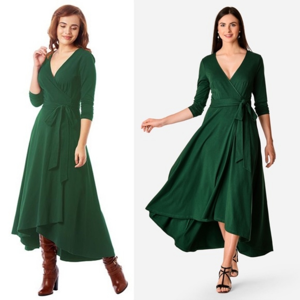 Eshakti Hi-Low Hem Bottle Green Wrap Dress Size 14